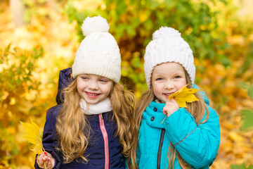Two lovely girlfriends in autumn park