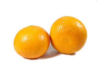 Two ripe vivid color oranges isolated on white background, Close-up 