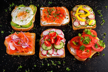 Variety of vegetarian toast sandwiches with salmon, raddish, tomatoes, cucumber, avocado,fried egg and sweet pepper
