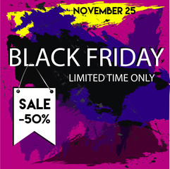 Black Friday flyer template. Sale 50 %. November 25. Vector colourful background.