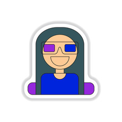 Vector illustration in paper sticker style girl at the Cinema theater in 3D glasses