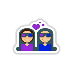 Vector illustration in paper sticker style girls at the Cinema theater in 3D glasses