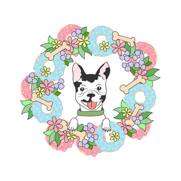 Funny illustration with french bulldog, donut and flowers on a white background. 