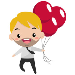 Young smiling manager running with a bunch of balloons / flat editable vector illustration