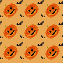 Halloween symbols pumpkin and bats seamless pattern on orange background, trendy flat style illustration. Cute fun evil smiling october pumpkins, jack-o'-lantern sign