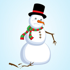 A sad, cry, alone, and broken heart looking snowman with black top hat, and scarf. Vector illustration