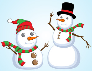 Christmas snowman holiday winter character vector illustration. Cartoon snowman with scarf and santa hat.