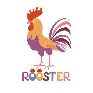 Bright cockerel on a white background. A lovely illustration of a rooster in flat style.