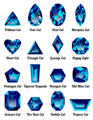 Set of realistic blue amethysts with complex cuts isolated on white background. Jewel and jewelry. Colorful gems and gemstones. Trilliant, pear, oval, marquise, heart, triangle, lozenge, happy eight.