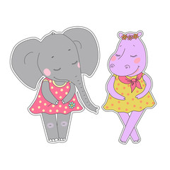 Hippo and elephant girls with closed eyes having a flower wreath on the head