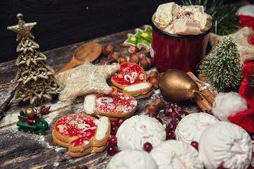 Christmas or New Year dark wooden background, Xmas brown board f