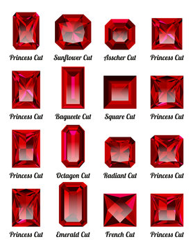 Set of realistic red rubies with rectangle cuts isolated on white background. Jewel and jewelry. Colorful gems and gemstones. Princess, sunflower, asscher, baguette, square, octagon, radiant