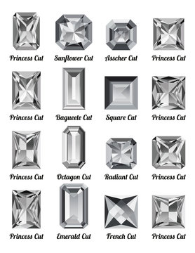 Set of realistic white diamonds with rectangle cuts isolated on white background. Jewel and jewelry. Colorful gems and gemstones. Princess, sunflower, asscher, baguette, square, octagon, radiant