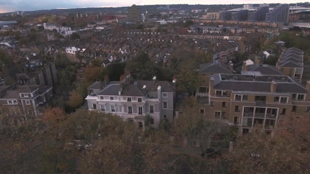 Aerial panning view of a typical Victorian village in North London