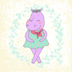 Hippo girl with closed eyes having a flower wreath on the head.