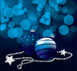 Blue christmas balls on bokeh background. Vector design element