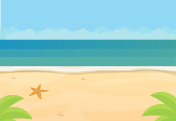 Fototapeta na wymiar Sunny tropical beach, ocean, flat vector illustration background