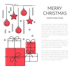 Christmas vertical banner with tree, gifts Flat line art style