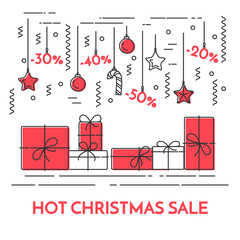 Christmas and New Year horizontal sales banner Line art style