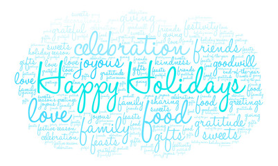 Happy Holidays Word Cloud word cloud on a white background. 