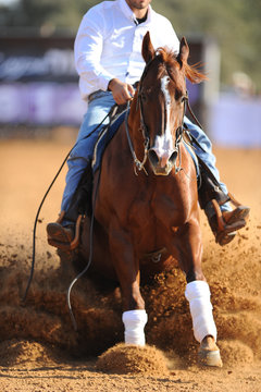 The front view of a rider in cowboy chaps and boots on a horseback running ahead and sliding the horse in the dirt