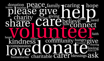 Obraz premium Volunteer Word Cloud on a black background. 