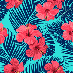 Tropical flowers and palm leaves on background. Seamless. Vector pattern. 