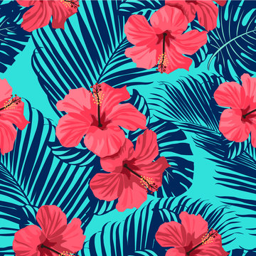 Fototapeta Tropical flowers and palm leaves on background. Seamless. Vector pattern. 