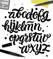 Handwritten Script font. Hand drawn brush style modern calligraphy cursive typeface. Hand Lettering and Custom Typography alphabet for Designs: Logo, Greeting Cards, Poster. Vector typo set.
