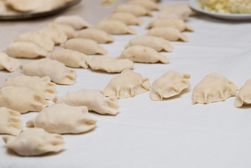 Fototapeta na wymiar Prepared dumplings on cotton cloth.