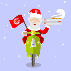 Santa Claus food delivery man on a scooter with boxes of pizza, holiday, Christmas and New Year, vector flat design