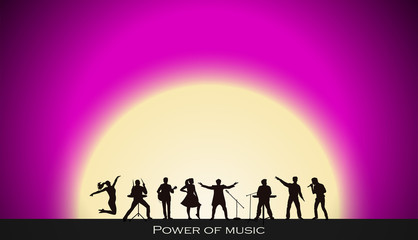 Band show on pink sunset background. Festival concept. Set of silhouettes of musicians, singers and dancers. Vector illustration