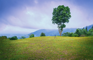 Fototapeta na wymiar Tripod Set on a hill with a morning.landscape in thailand