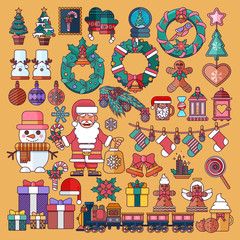 Vector set Christmas accessories in a linear cartoon style