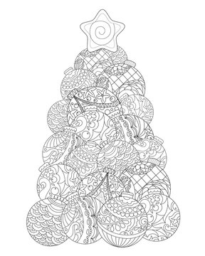 Christmas Tree Adult Coloring Page. Winter Holiday Vector Illustration.