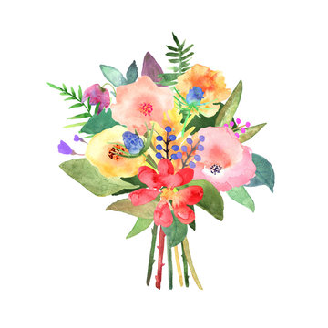 Hand drawn watercolor bouquet on white background. Design for card