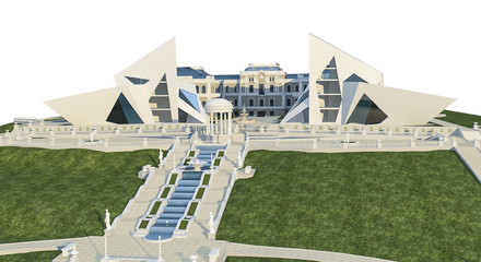 Fototapeta premium 3D illustration of classic building with 2 conceptual glaciars and landscape design for recreation area with a fountain