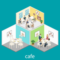 Isometric interior of coffee shop. flat 3D isometric design interior cafe or restaurant. People sit at tables and eat.