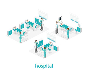 Obraz premium Isometric flat interior of hospital room. Doctors treating the patient.