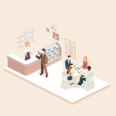 Isometric interior of sweet-shop. People sit at the table and eating.