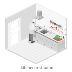 Isometric flat 3D vector interior of professional restourant kitchen