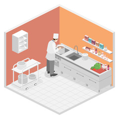 Isometric flat 3D vector interior of professional restourant kitchen