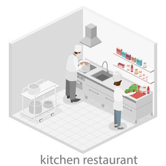 Isometric flat 3D vector interior of professional restourant kitchen