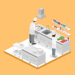 Isometric flat 3D vector interior of professional restourant kitchen