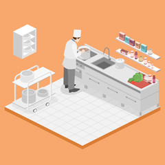 Isometric flat 3D vector interior of professional restourant kitchen