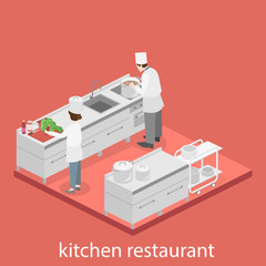 Isometric flat 3D vector interior of professional restaurant kitchen