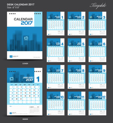 Set Blue Desk Calendar 2017 year size  6 x 8 inch template