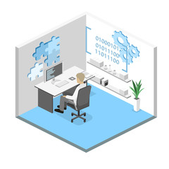 Flat 3D vector isometric concept illustration of office software developer and teamwork. .