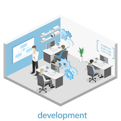 Flat 3D vector isometric concept illustration of office software developer and teamwork. .