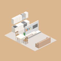 Isometric flat 3D concept vector interior of studio apartments.